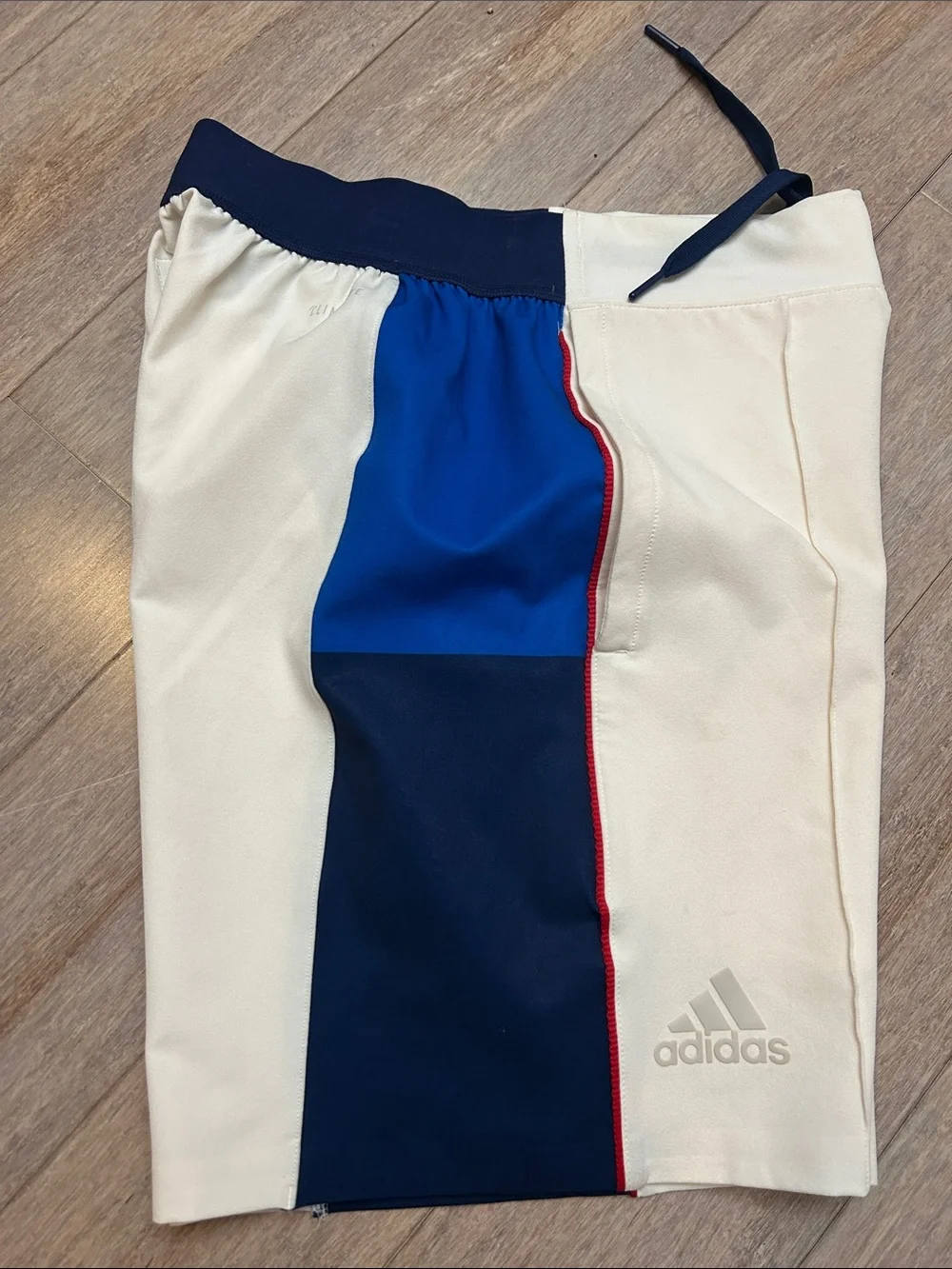 adidas Men’s Cream Athletic Shorts with Navy, Blue and Gold Panels